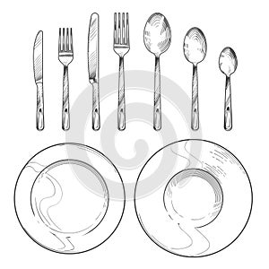 Vintage knife, fork, spoon and dishes in sketch engraving style. Hand drawing tableware isolated vector set