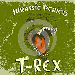 Vintage label with angry face of tyrannosaurus