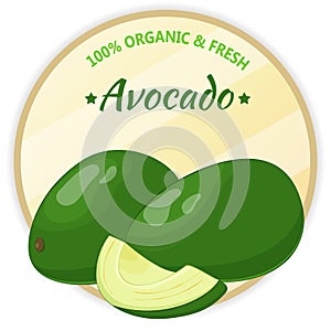 Vintage label with avocado isolated on white background in cartoon style. Vector illustration. Fruit and Vegetables