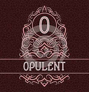 Vintage label design template for opulent product. Vector monogram with text on patterned background