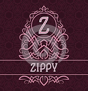 Vintage label design template for zippy product. Vector monogram with text on patterned background