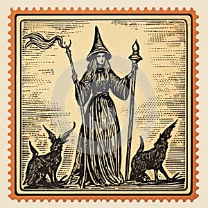 Enchanting Witch Stamp With Necronomicon Style Illustration photo