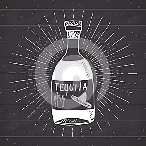 Vintage label, Hand drawn bottle of tequila mexican traditional alcohol drink sketch, grunge textured retro badge, emblem design,