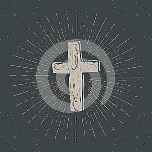 Vintage label, Hand drawn Christian cross, religious sign, crucifix symbol grunge textured retro badge, typography design t-shirt