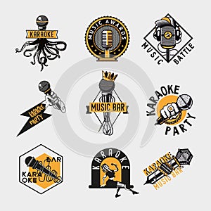 Vintage label set with mic. Old microphones vector icons. Retro style emblem design.
