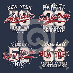 Vintage labels set, athletic sport typography for t shirt print. Varsity style. T-shirt graphic