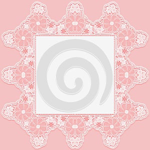 Vintage lace doily with knotted flowers on pink background.