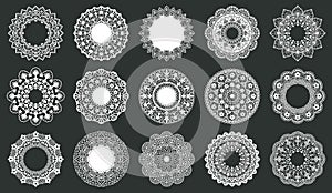 Vintage lace doily. Round lace napkins, ornate circle lace doily wedding table decoration. Decorative lace round frames