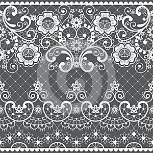 Vintage lace seamless vector long pattern, ornamental repetitive design with flowers and swirls in white on gray background