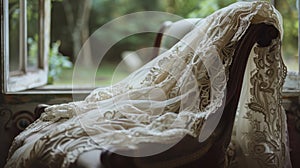 Vintage Lace Wedding Dress Draped Elegantly on Antique Chair