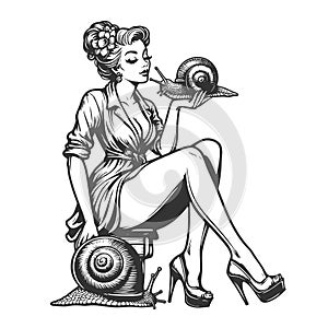 Vintage Lady with Snails engraving vector