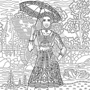 Vintage lady with umbrella adult coloring book page