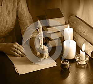 Vintage lady write on wooden table