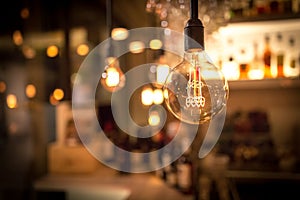 Vintage lamp bulb with bar or cafe night abstract background