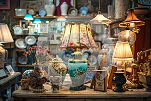 A vintage lamp and various decorative items in an antique shop, creating a nostalgic atmosphere with warm lighting and
