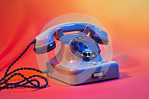 A vintage, landline cable telephone in colorful background