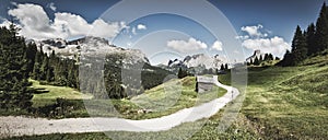 Vintage landscape of Alta Badia Valley in summer season