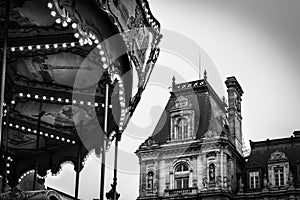 Vintage landscape in black and white of the Carrousel of the Place of the Hotel de Ville in Paris