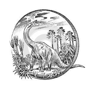 Vintage landscape with a dinosaur in the rainforest. Old retro Template for logo or label. Hand drawn engraved