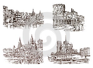 Vintage landscape Historical architecture with buildings, perspective view. Houses on the mountain. Engraved hand drawn