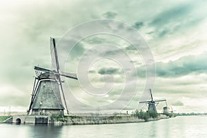 Vintage Landscape with Holland Windmills
