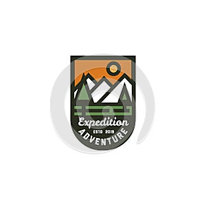Vintage landscape with mountain pine tree peaks logo design