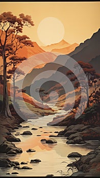 Vintage Landscape Poster: Serene River Painting In The Style Of Dan Mumford