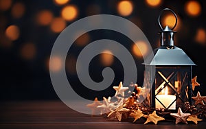Vintage lantern with burning candle, decorated by Autumn wreath with stars made of dry twigs, wodden table and Blurred bokeh