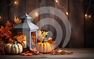 Vintage lantern with burning candle, pumpkins, maple leaves on warm toned background with Blurred bokeh lights. Halloween