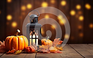 Vintage lantern with burning candle, pumpkins, maple leaves on warm toned background with Blurred bokeh lights. Halloween