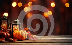 Vintage lantern with burning candle, pumpkins, maple leaves on warm toned background with Blurred bokeh lights. Halloween