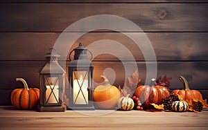 Vintage lantern with burning candle, pumpkins, maple leaves, wooden background with Blurred bokeh lights. Halloween Composition
