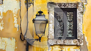 Vintage lantern beside a decorated window on a weathered wall. Charming European-style urban scene. Ideal for rustic