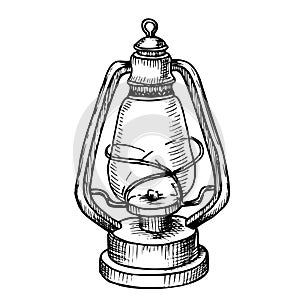 Vintage Lantern. Hand drawn vector illustration of old Kerosene Lamp painted by black inks. Etch of retro metal equipment for