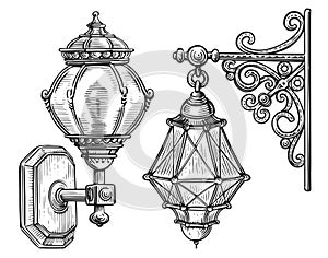 Vintage lantern sketch illustration engraving style. Wall old street lamp