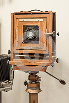 Vintage large format glass plate wooden camera on a tripod