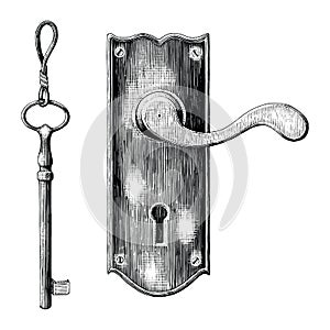 Vintage latch and key hand drawing engraving style