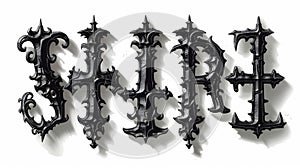 This is a vintage latin medieval font with shadows. Unique black capital letters, digits, symbols and signs in the