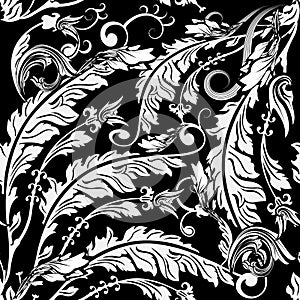 Vintage leafy black and white Baroque vector seamless pattern. Monochrome ornamental floral background. Antique baroque ornament