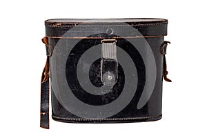 Vintage leather bag isolated. Close-up of a old black leather bag or trunk for a ancient German binoculars isolated on a white