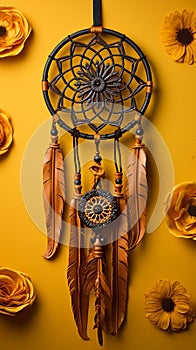 A vintage leather-bound dream catcher adorned with owl feathers