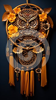 A vintage leather-bound dream catcher adorned with owl feathers, contrasted by a solid sunshine-yellow background