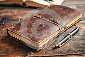 Vintage Leather Bound Journal with Elegant Pen on Rustic Wooden Table, Concept for Writers and Note taking