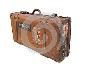 Vintage leather suitcase with straps isolated.