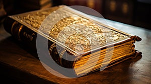 A vintage leatherbound book with yellowed pages and gold leaf details