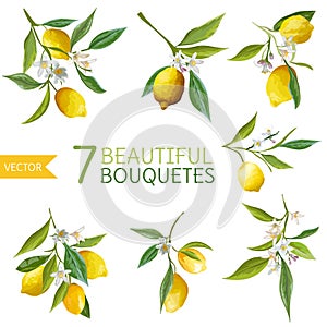 Vintage Lemons, Flowers and Leaves. Lemon Bouquetes