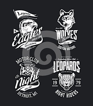 Vintage leopard, wolf, eagle and owl bikers club t-shirt vector isolated logo set