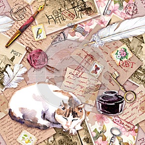 Vintage letters, writing feather, ink bottle, old paper, cat. Seamless pattern, backdrop. Hand written notes, postal