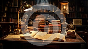 A vintage librarian\'s desk, adorned with a brass lamp and an open ledger.