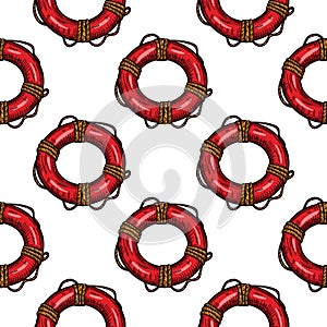 Vintage lifebuoy with rope sketch seamless pattern. Hand drawn life ring in engraving style wallpaper